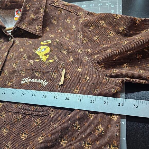 Vtg Looney Toons Tweety Bird Corduroy Blouse Womens 14W/16W Brown Floral 90s - Picture 8 of 9
